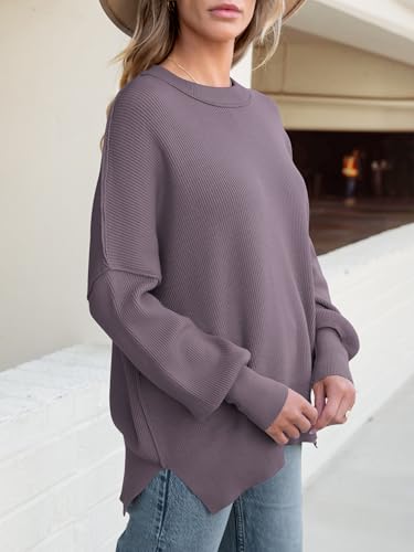 Image of ANRABESS Women Oversized Sweaters Batwing Long Sleeve 2026 Fall Outfits Crewneck Casual Knit Side Slit Fashion Pullover Top