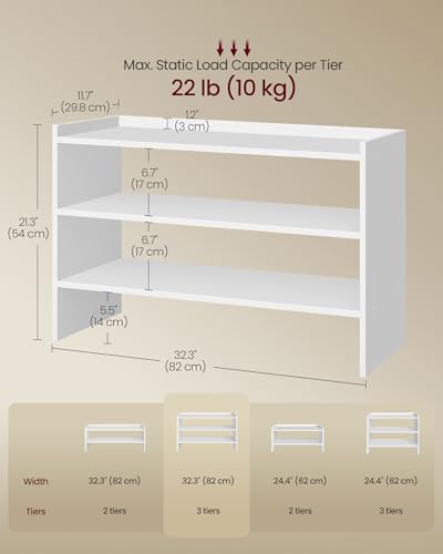Image of VASAGLE Shoe Rack for Closet, Stackable Organizer Shelf | Stackable Shoe Organizer Shelf for Entryway, 3 Tiers, 11.7 x 32.3 x 21.3 Inches, White, CUSTOS Collection, ULBS061WZ01S