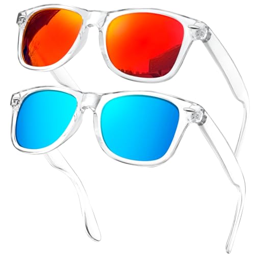 KANASTAL 2 Pack Transparent Blue Orange Sunglasses Womens Polarised Mens Mirror Red Tinted Square Vintage UV400 Protection - Clear Blue Lens + Clear Orange