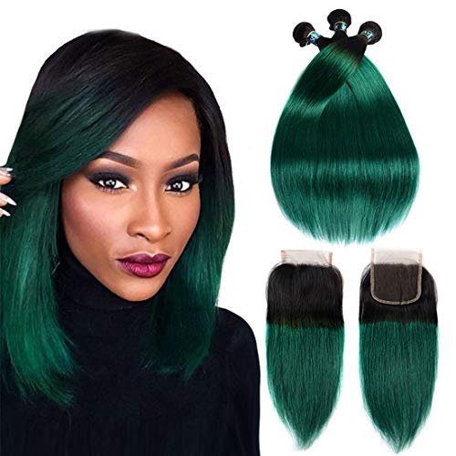 SEXAY 1B/Green 3Bundles With Closure Brazilian Straight Hair（161820+14）100g/Bundle 2 Tone Ombre Hair Weave 3 Bundles With Free Part 4x4 Lace Closure (16'' 18'' 20''+14'', 1B/Green)