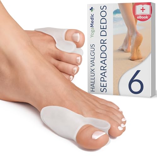 YOGAMEDIC Corrector Juanetes Mujer y Hombre - Separador de Dedos de Pie – Relaja y Estira el Dedo Gordo, 6 Uds – Protector de Silicona 0% BPA – para Hallux Valgus