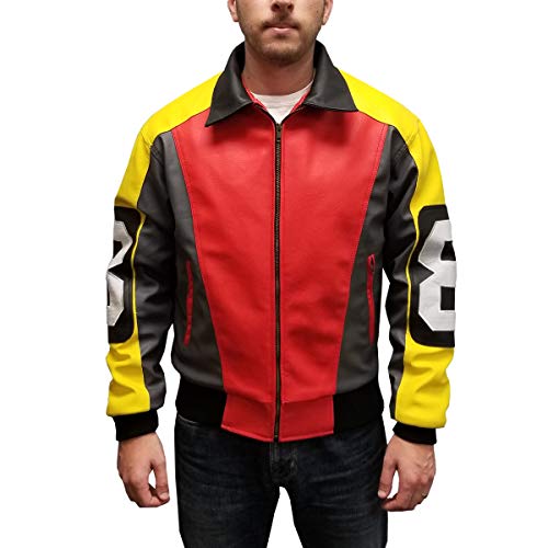 Image of My Party Shirt David Puddy 8 Ball Bomber Jacket - Faux Leather Coat 90s Costume Hip Hop Fashion Rapper Style TV Show - Red Retro