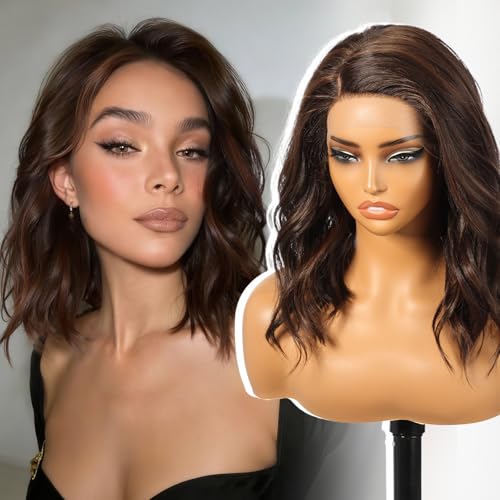 KOME Dark Brown Synthetic Lace Front Wig,Side Part Short Curly