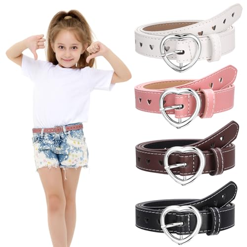 patinadrift 4 Stück Kindergürtel Mädchen, PU Leder Gürtel Kinder Verstellbare Herz Schnalle Taillengürtel Stretchgürtel für Kleider Jeans Hosen Jacken