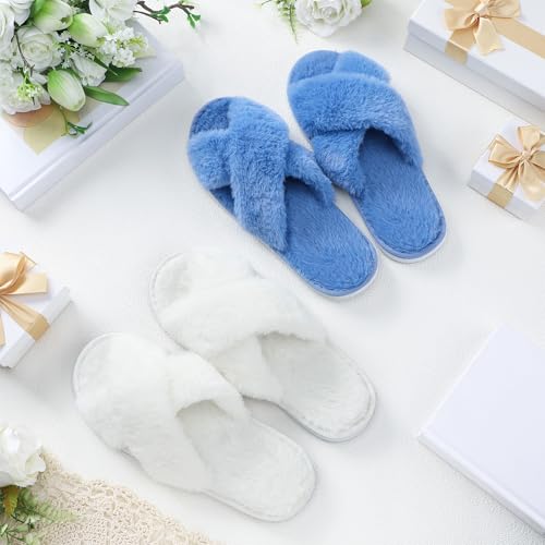 Image of Cutecrop 7 Pairs Sage Green Blue Purple Bridesmaid Slippers Women's Cross Band Fuzzy Bridal Party Slippers Bachelorette Gifts for Wedding Bridal Shower Party