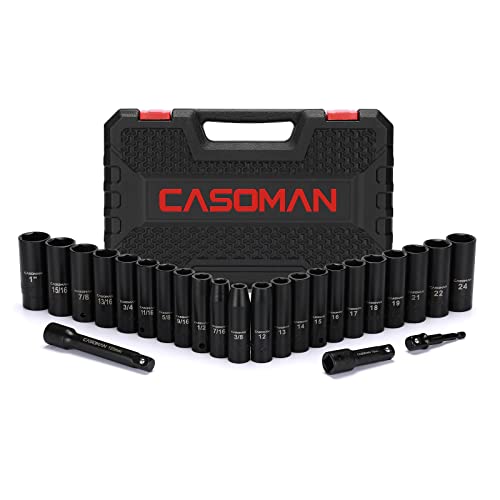 CASOMAN 25PCS 1/2" Drive Impact Socket Set, Deep, Cr-V Steel, 6 Point, Metric&SAE, 12mm to 24mm, 3/8 Inch to 1 Inch, Includes Extension Bars: 3-inch, 5-inch, 1/2-1/4 adapter 1/2"Drive 25pcs