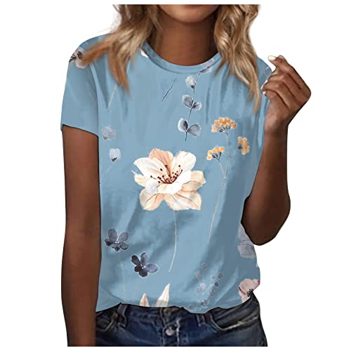 Wcjlha Seaside Short Sleeve Tshirts Women Plus Size Summer Vintage Loose Scoop Neck T Shirt Ruched Thin Comfortable Colorful Tee For Women Blue #TOP1