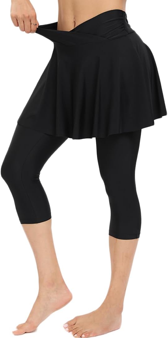 Micosuza Women's Swim Capris Leggings with Skirt Sun Protection Modest Cross High Waist Skirted Swim Pants - Image 5