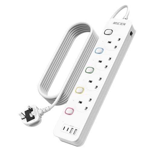 Mscien Extension Lead with USB Slots 5M, 4 Way Switched Extension Lead with Wall Mount, Overload Protection Power Strip, USB-C Slots, for Home, Office, 13A/3250W
