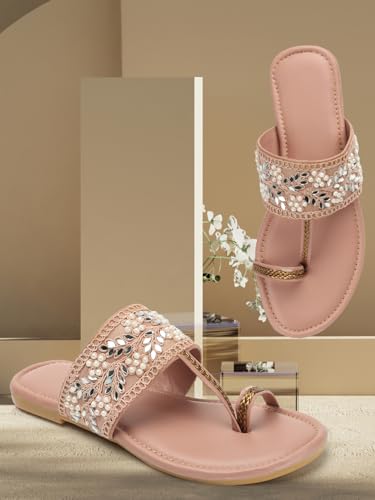 Image of Naitik Women's Kolhapuri Stylish Casual Flat Sandals, Ethnic Flat Chappals for Party & Occasions(Peach)