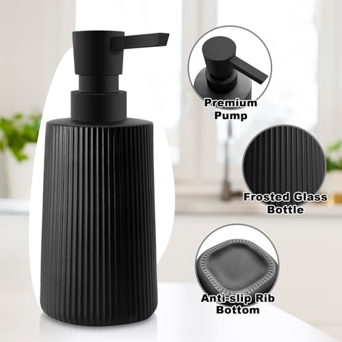 Image of 2 Pack Glass Small Soap Dispenser for Bathroom and Kitchen 250ml /8.5oz Dish Soap Dispenser Modern Farmhouse Striped Style Hand Soap Dish Soap Dispenser with Pump (Black)