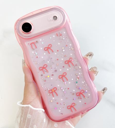 Qokey for iPhone 17 Air Case, Glitter Star & Curved Edge Handle Grip Design, Military-Grade Shockproof Transparent TPU Cover, Sparkle Protection Scratch-Resistant, Holographic Pink Bow - image 6