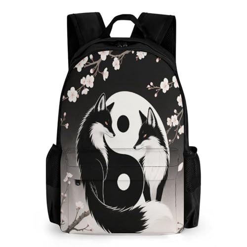 Supdreamc Shoulder Book Bags Anti-Theft Multipurpose Big Capacity Bookbag - Black And White Wolf Yin Yang Cherry Flowers Art Travel Hiking Backpack With Smooth Zippers
