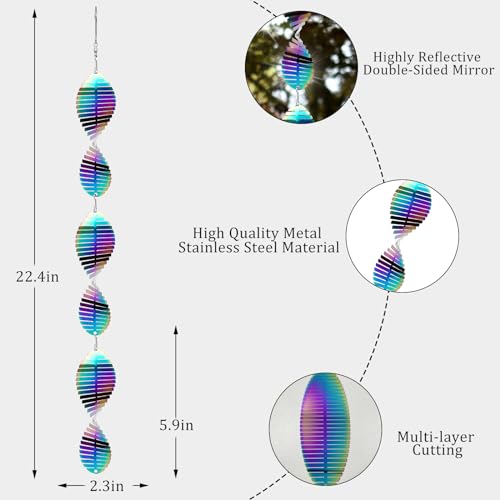 Image of Wind Spinners Outdoor Garden Decor Gifts for Women Men, Rainbow 3D Reflective Metal Wind Spinner, Stainless Steel Hanging Ornament for Yard Outside Patio Porch
