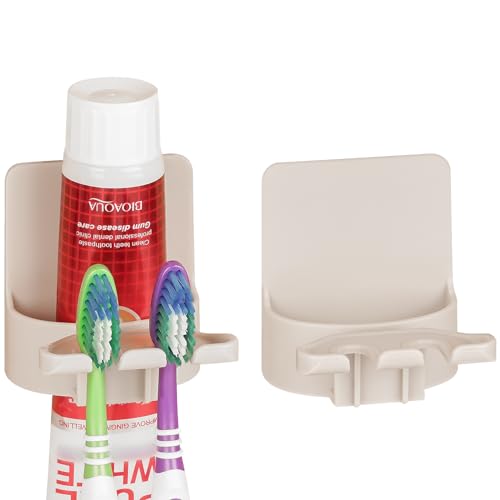 2 PCS Self-Adhesive Toothbrush Holders Wall Mounted Water Proof Toothbrush Hook 3 in 1 with Toothbrush Hanger Toothpaste Holder and Gargle Cup Holder for Bathroom Shower (Beige)