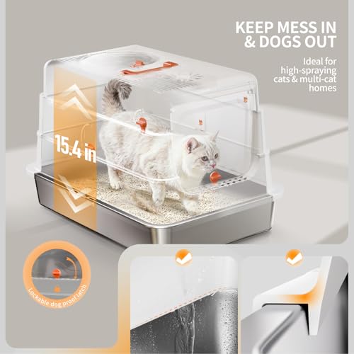 Image of Stainless Steel Cat Litter Box with Lid, Enclosed Extra Large Metal Litter Pan for Big Cats, Full Flip Cover High Sided LitterBox Include Scoop, Easy Cleaning, Non-Stick, White