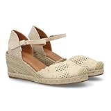 100108 Alpargata de mujer con cuna de esparto y pala bordada con acabado artesanal para mujer, Cierre de hebilla ajustable, diseno calado en la punta, ideal primavera verano. Beige Talla 39
