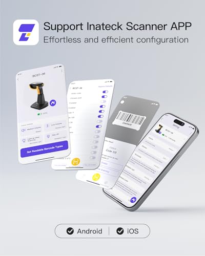 Inateck Bluetooth Barcode Scanner 2D, drahtloser 2D QR Code Scanner mit 2600 mAh Akku und intelligenter Ladestation, Handheld Scanner unterstützt AI, APP, SDK, BCST-36