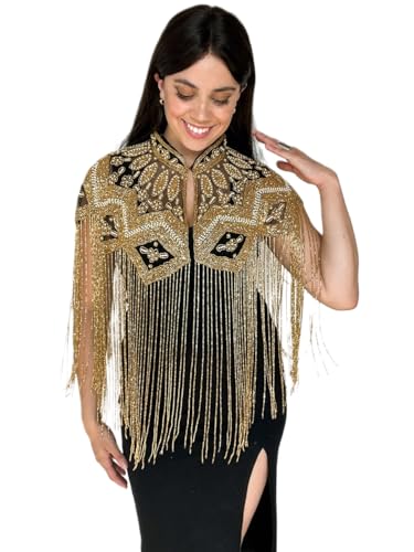 Art Deco 1920s Beaded Fringe Bolero Bridal Shawl - Gold Sequin Evening Designer Cover Up for Weddings