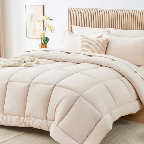 Sasttie Oversized King Comforter Set 7-Piece, Bed in a Bag, Beige