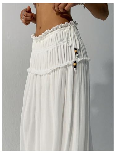 WDIRARA Women's Drawstring Side Elastic Waist Flowy Maxi Skirt Frill Trim Flared Long Dress4