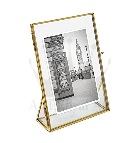 Handicrafts Decorative Metal Gold Vertical Standing Rectangular Photo Frame With Pressed Glass Tabletop With Locket Closure & Angled Base (Size-5X7 Inch)