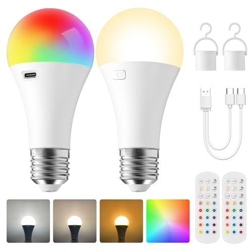 2Pack E26 Rechargeable Light Bulbs with Remote A19 40W Equivalent Bulb Soft Warm White 2700K 400LM Dimmable 5W LED Light Bulb with 15 Colors 3 Timer for Non-Wired Lamp Sconce Touch Remote Control