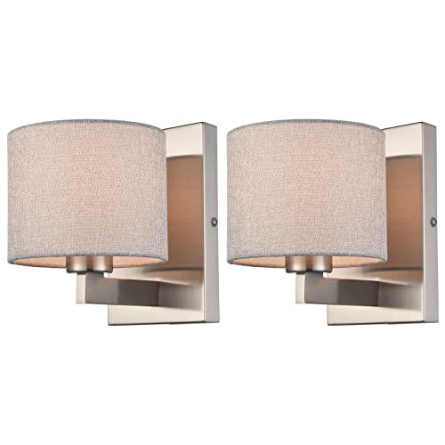 Samteen Brushed Nickel Wall Sconces Set Of Two Modern Drum Wall Lamp With Slub Fabric Shade Wall Light Fixtures For Bedroom Living Room Hallway, Bathroom Sconce Lighting #TOP6
