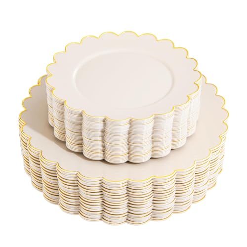 Image of LIYH 60 Pcs Ivory and Gold Scalloped Plastic Plates - Disposable Fancy Combo Plates Includes 30 Dinner Plate 10.25" and 30 Dessert Plate 7.5" Plastic Heavy Weight Party Tableware Dishes