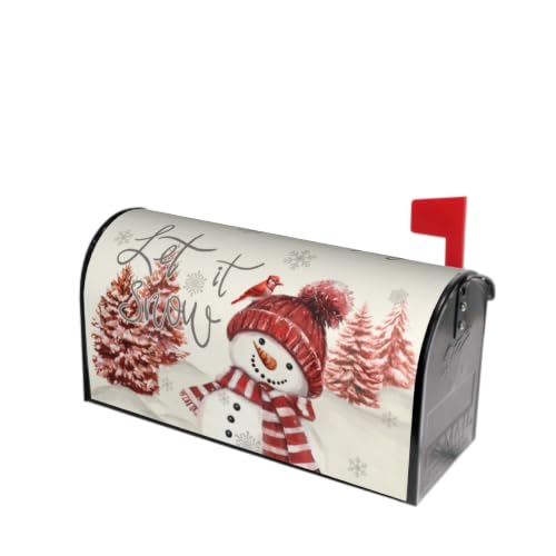 Image of Red Snowman Mailbox Cover Magnetic- 21x18 Inch Standard Size- Winter Pine Tree Bird Xmas Snowflake Waterproof Mailbox Wrap Post Cover for Yard Garden Outside Ourdoor Christmas Decor