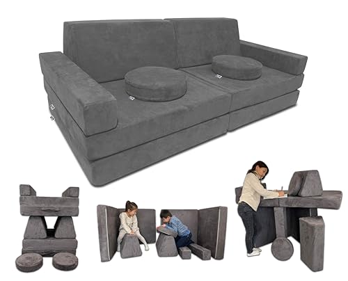 Mod Blox 10 Piece Soft Modular Kids Play Couch for Boys and Girls ｜ Child Sectional Fort Building Sofa for Toddlers Playroom with Microsuede Covers + High Density Convertible Foam Cushions (Dark Gray)