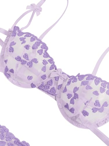 Image of Lilosy Sexy Tie Side Cute Underwire Push Up Strappy Embroidered Mesh Sheer Lingerie Set