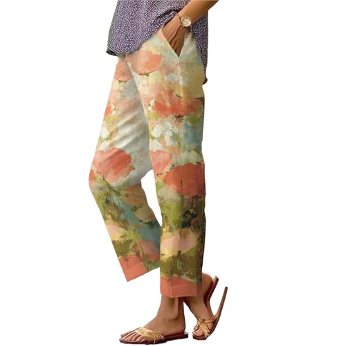 Straight Leg Pants for Women Dressy Floral Graphic Trousers Summer Baggy Casual High Waist Vacation Beach Boho Pants