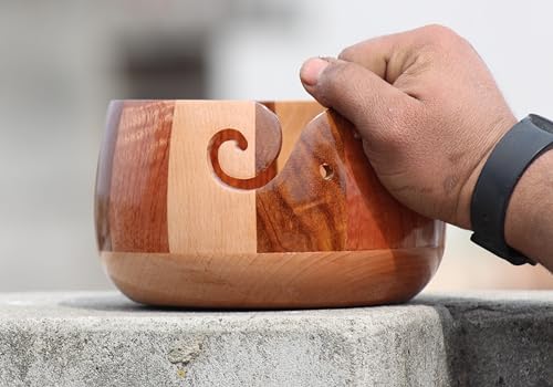 Image of Wooden Yarn Storage Bowl With Carved Holes & Drills, Wooden Knitting Yarn Bowl Handcrafted, Wooden Yarn Storage Bowl Yarn Holder Best Gift Idea for Knitters (Large)