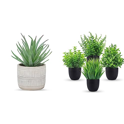 Der Rose Bundle of Fake Plants 4 Packs in Black Pot and Fake Succulents Plants in Pots for Bathroom Home Office Table Decor Indoor