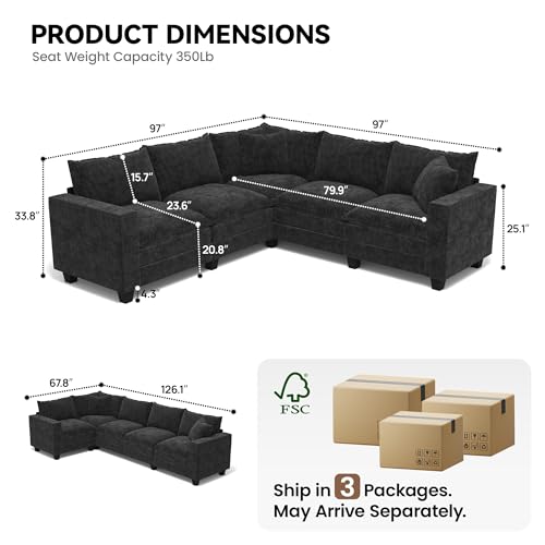 Image of 97 inch L Shaped Sectional Couch, Comfy Chenille Cloud Couch, 5 Seat Modular Cloud Sofa with 2 Pillows & Storage Armrests, Convertible V Shaped Corner Couch, Sectional Couches for Living Room, Black