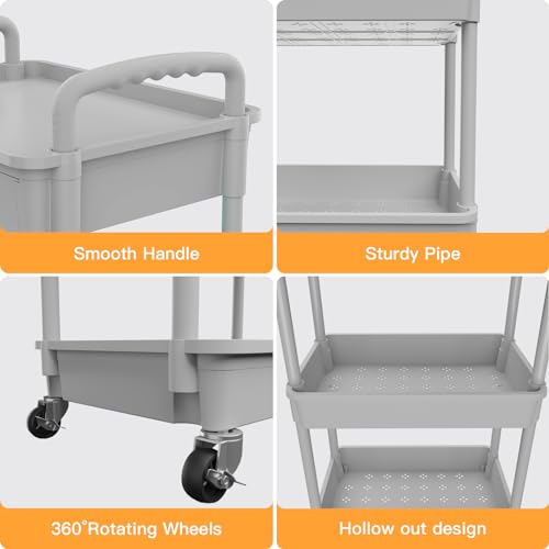 Image of 4 Tier Rolling Utility Cart with Drawer,REBECAT Utility Cart Made of Multifunctional Storage Organizer Tool for Kitchen,Bathroom,Living Room,Office(Gray)
