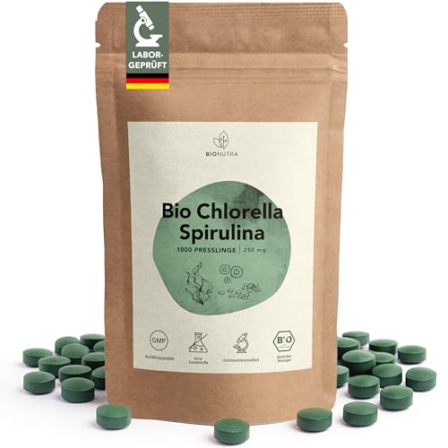BIONUTRA® Bio Spirulina Chlorella Tabletten – 1000 Presslinge à 250 mg, nach EU-ÖKO-Standard hergestellt, rückstandskontrolliert, ohne Zusätze, vegan, aus reinem Spirulina Chlorella Bio Algenpulver