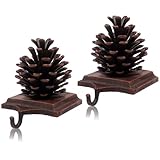 JUSTOTRY New Pine Cones Christmas Stocking Holder Set of 2 with Non-Skid Retro Brown Stocking Hangers for Mantel Fireplace Christmas Indoor Home Decor Gifts Xmas Decorations