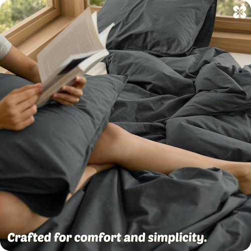 Bedsure Cotton Duvet Cover King - Luxury Slub Weave 100% Cotton Duvet Cover with a Linen Like Textured, Easy Change Durable Bedding, Charcoal, 104" x 90"