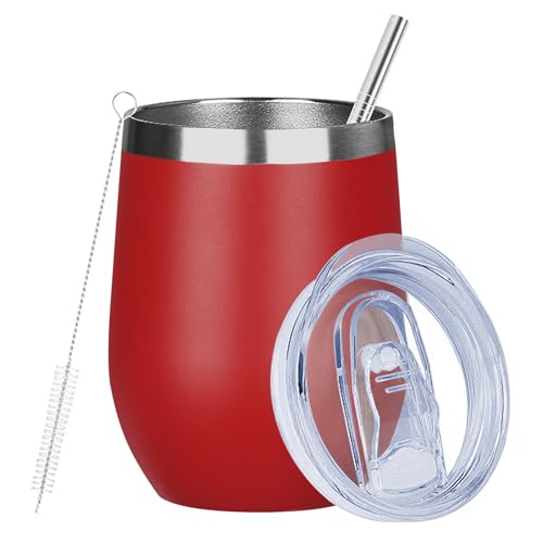 Image of MEZMUT 12 Oz Insulated Wine Tumbler with Lid Double Wall Vacuum Stainless Steel Wine Glass Coffee Mug Insulated Tumbler Cup for Champaign, Cocktail, Beer (Red, 1 Pack)
