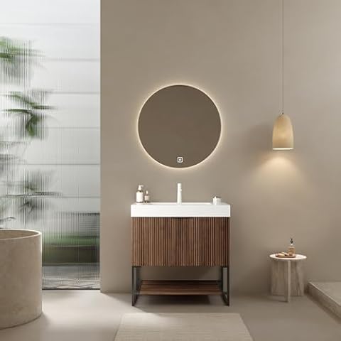 30" Retro Walnut Plywood Bathroom Vanity with Integrated Basin,Modern Bathroom Vanity Set, Easy Assembly Freestanding (Walnut + white) Cover