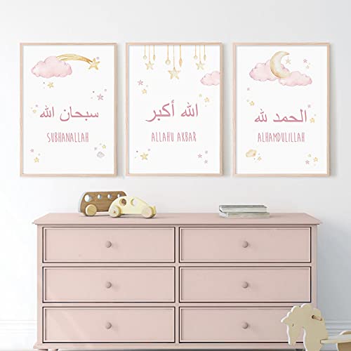 wurenhui 3 Affiches Chambre Bebe Poster Nuage étoile Lune Rose Islamique Enfant Fille Tableaux Cadeau sans Cadre 30x40CM