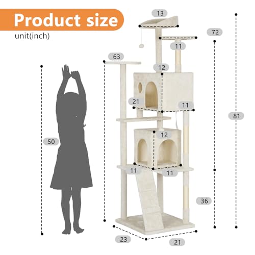 Image of BestPet | 81 inch Cat Tree Tower | Cream | Sturdy Multi-Level Cat Tree