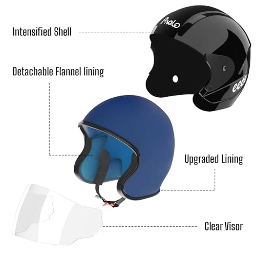 Image of Pivalo EECO Open Face Helmet ISI Certified Smooth Finish Lightweight & Compact Unisex Half-Face Helmets with Clear Visor & Adjustable Strap for Bike Men Women (Glossy Black, 580mm)
