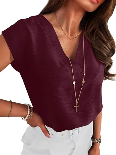 ANRABESS Women Tops Cap Sleeve Textured Dressy Casual V Neck Shir...