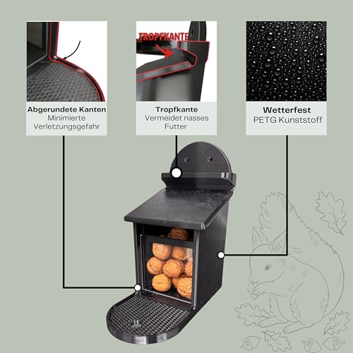 Eichhörnchen Futterhaus Braun – Wetterfest & Stabil mit Kunststoffscheibe, Belüftetem Futterreservoir & Rutschfester Sitzfläche – Sicher & Langlebig für Garten & Balkon (Braun)