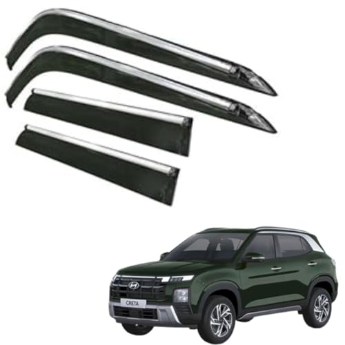Image of CAR SAAZ Side Door Visors for Creta (2024-Present) (Set of 4Pcs) | Smoke Finish Chrome Lined Rain Guards, Polycarbonate