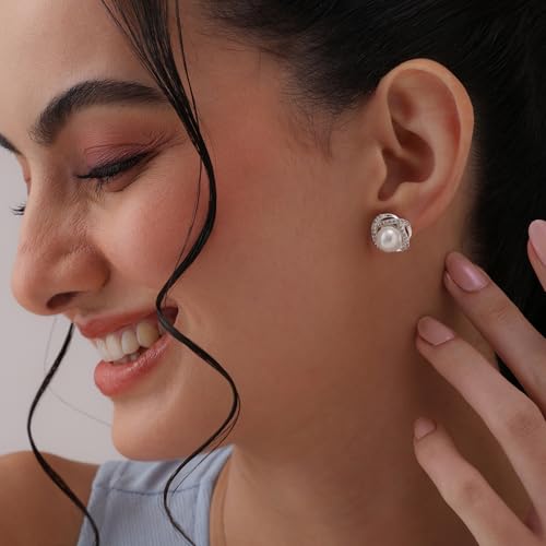 Image of TRUESILVER ACPL 925 Sterling Silver BIS Hallmarked Stud Earrings for Women & Girls |Sparkling Stone Embellished Elegant Design | Lightweight Daily Wear Jewellery | Gift for Women