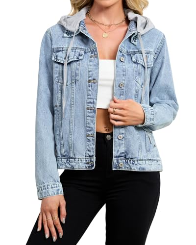 Kedera Women's Casual Button Down Denim Jacket Long Sleeve Detachable Hoodie Vintage Boyfriend Jean Coat